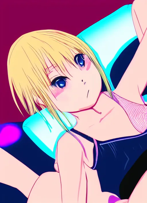 Image similar to anime girl with blonde hair laying on sofa, smoking, neon lights