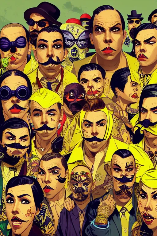 Prompt: gang saints wear yellow bandanas, and some of them have thick mustaches, their eyes are sharp, pop art style, dynamic comparison, proportional, professional art, bioshock art style, gta chinatowon art style, hyper realistic, face and body clarity, complicated, intricate, concept art, art by argerm dan richard hamilton