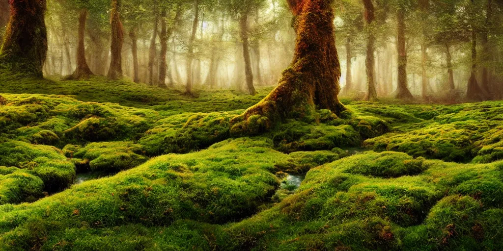 Prompt: gorgeous fields of moss landscape with glistening water, magical forest, brightly colored, magical, fantasy, landscape, beautiful, intricate details, highly detailed, sharp focus, concept art, digital painting, trending on artstation, still, screenshot, photo, photograph, in the style of Manuel Vormwald