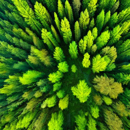 Prompt: a view from the sky of a thick forest with varying tree types, green, painted, high resolution