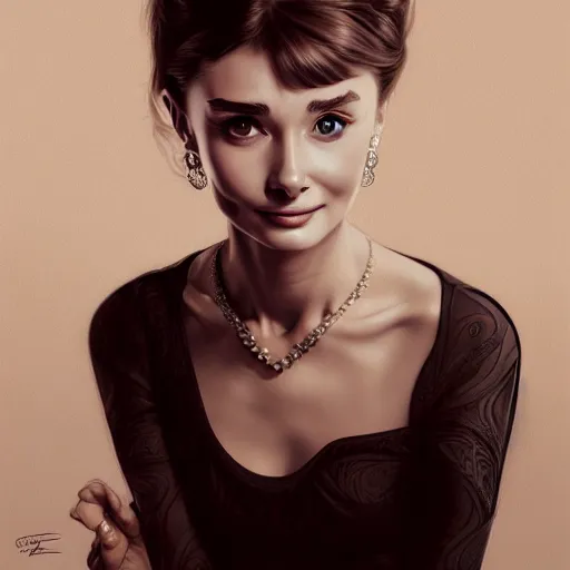 Image similar to portrait of a young audrey hepburn, upper body, seductive eyes, long hair, joyful smirk, intricate, elegant, highly detailed, digital painting, artstation, concept art, matte, sharp focus, illustration, art by artgerm and greg rutkowski and alphonse mucha