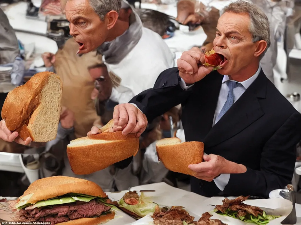 Image similar to a man whose head has been expanded into the shape of an anvil, eats a beef sandwich. he is gagged and trussed like a turkey. he is tony blair