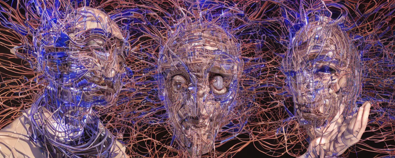 Prompt: portrait of a face with neural implants designed by Hajime Sorayama and frank gehry, inside an a recording studio filled with strange surrealist detailed alien electronic and acoustic musical-instruments!! with blinking LEDs and oscilloscopes on screens inside moody detailed alien interiors, backlit fog, designed by Larry Elmore Kerlaft and Pixar, photorealistic, 3d render, award winning render, unreal engine, octane render, studio lighting, 8k, hd