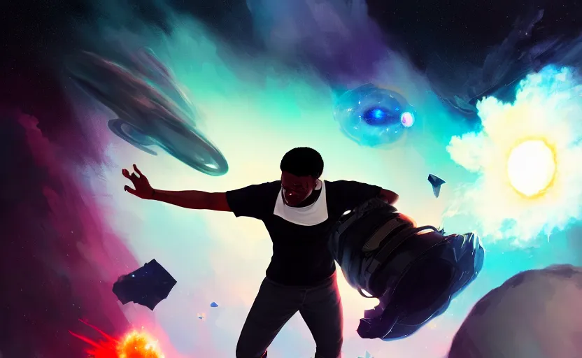 Image similar to handsome black genius hacking the metaverse, vr headset, white t - shirt and jordans, flying through spacetime, exploding nebulae, highly detailed, digital painting, artstation, concept art, smooth, sharp focus, illustration, art by wlop, mars ravelo and greg rutkowski