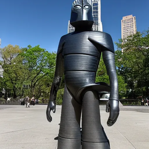 Image similar to gort from the day the earth stood still standing menacingly and evil in new York City park