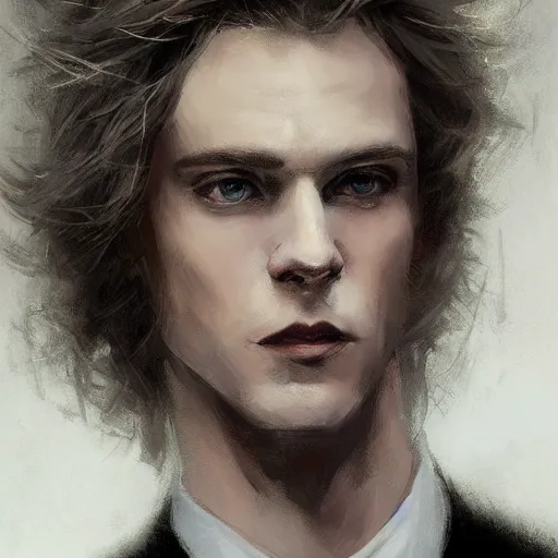 Image similar to Portrait of an androgynous man by Greg Rutkowski, he is about 30 years old, mixture between russian and irish, long fluffy blond curly hair, attractive, extremely pale white skin, smart looking, he is wearing a black futuristic lawyer outfit, highly detailed portrait, scifi, digital painting, artstation, concept art, smooth, sharp foccus ilustration, Artstation HQ