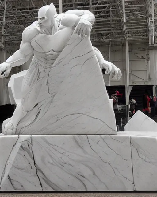 Prompt: a giant white marble sculpture depicting the Justice league, detailed, intricate Marble sculptures of The Superman, Wonder Woman all carved out of one giant Block of Marble