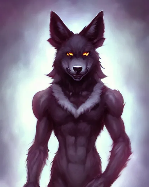 Image similar to character concept art of a black anthropomorphic furry male wolf long red hair | | cute - fine - face, pretty face, key visual, realistic shaded perfect face, fine details by stanley artgerm lau, wlop, rossdraws, james jean, andrei riabovitchev, marc simonetti, and sakimichan, trending on artstation