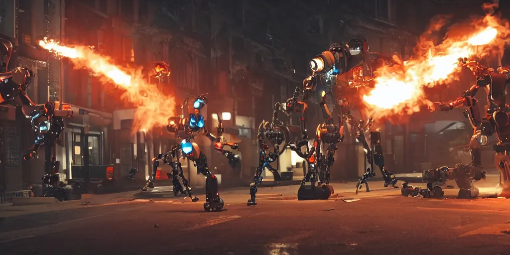 Prompt: a robot with chainsaw arms fighting a cyborg with flame throwers in downtown at night