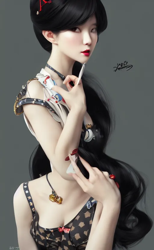 Image similar to a pin up and beautiful fashion charming dreamlke korea girl with lv jewelry, character art, art by artgerm lau and kyoung hwan kim and and ilya kuvshinov and john singer sargent, hyperdetailed, 8 k realistic, symmetrical, frostbite 3 engine, cryengine, dof, trending on artstation, digital art