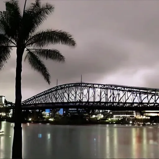 Image similar to blue hour, mostly cloudy sky, palm trees, bridge, curved bridge, dusk, 2 4 0 p footage, 2 0 0 6 youtube video