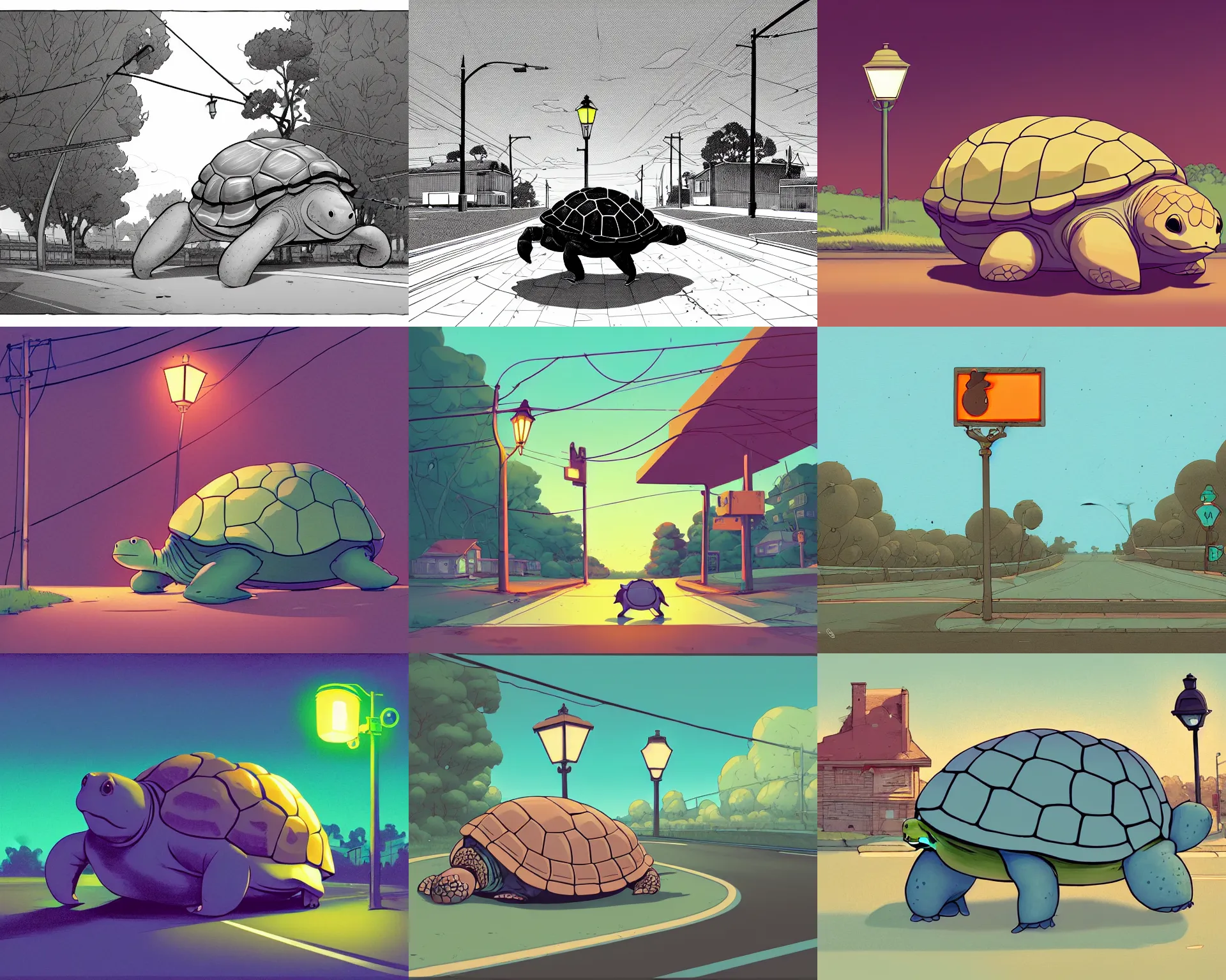 Prompt: a study of cell shaded cartoon of an obese Turtle on a country road, street lamps, road, illustration, wide shot, subtle colors, post grunge, concept art by josan gonzales and wlop, by james jean, Victo ngai, David Rubín, Mike Mignola, Laurie Greasley, highly detailed, sharp focus, Trending on Artstation, HQ, deviantart, art by artgem