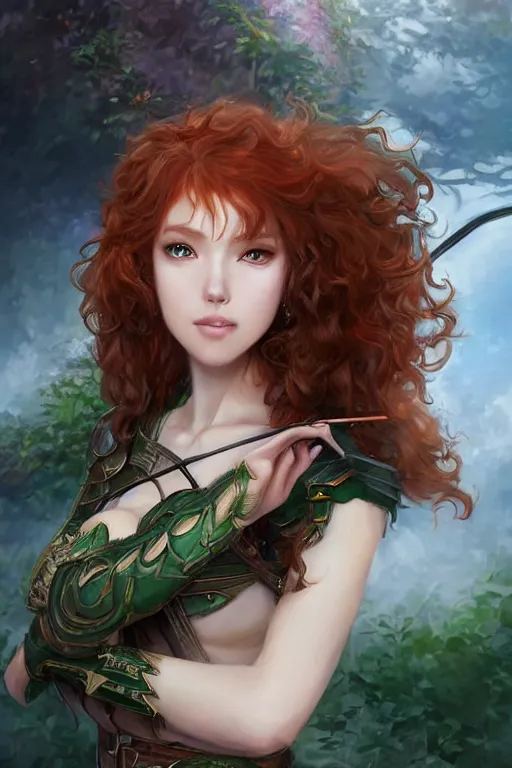 Image similar to A realistic anime portrait of long curly haired redhead female ranger wearing an intricate fantasy ranger outfit, asian facial features, green eyes, digital painting, by Stanley Artgerm Lau, Sakimichan, WLOP and Rossdraws, digtial painting, trending on ArtStation, SFW version