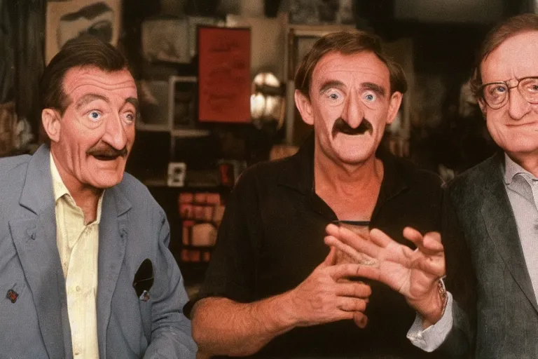 Image similar to Barry Chuckle and Bernard Manning in a buddy cop adventure directed by Wim Wenders, cinematography by Robby Müller