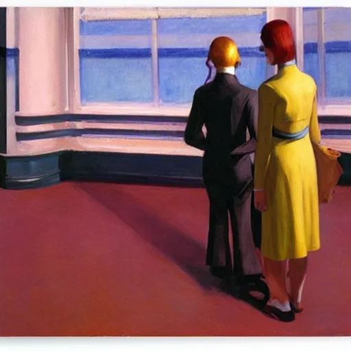 Image similar to cyborgs by edward hopper