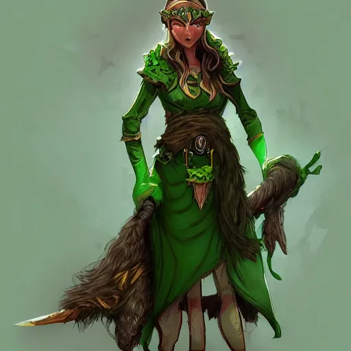 Prompt: elf druid with messy brown hair, green cloak, character art, trending on artstation,