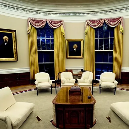 Prompt: the inside of the oval office decorated in modern minimalism