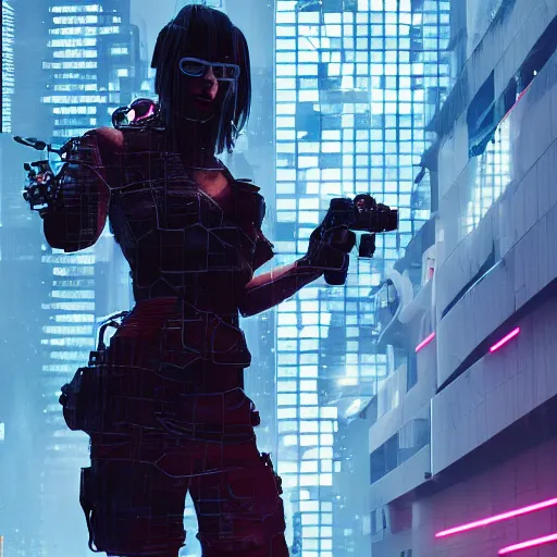 Prompt: cyberpunk woman, cigarette dangling, grenade in hand, by pascal blanche, ultradetailed, 8 k