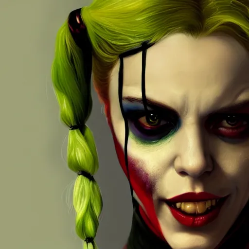 Image similar to portrait of harley quinn as shehulk,, au naturel, hyper detailed, digital art, trending in artstation, cinematic lighting, studio quality, smooth render, unreal engine 5 rendered, octane rendered, art style by klimt and nixeu and ian sprigger and wlop and krenz cushart.