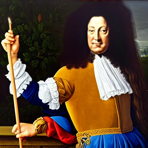 Prompt: a painting of Louis XIV posing while wearing a Fortnite shirt, oil on canvas in the style of Botticelli