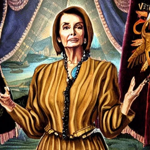 Image similar to nancy pelosi standing in front of 1 6 th century backdrop in the painting of vigo the carpathian. she ominously stares. painting by lou police for ghostbusters 2.