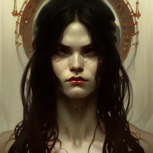 Image similar to Portrait of evil girl, face, dark fantasy, intricate, elegant, highly detailed, digital painting, artstation, concept art, smooth, sharp focus, illustration, art by zeronis and greg rutkowski and alphonse mucha