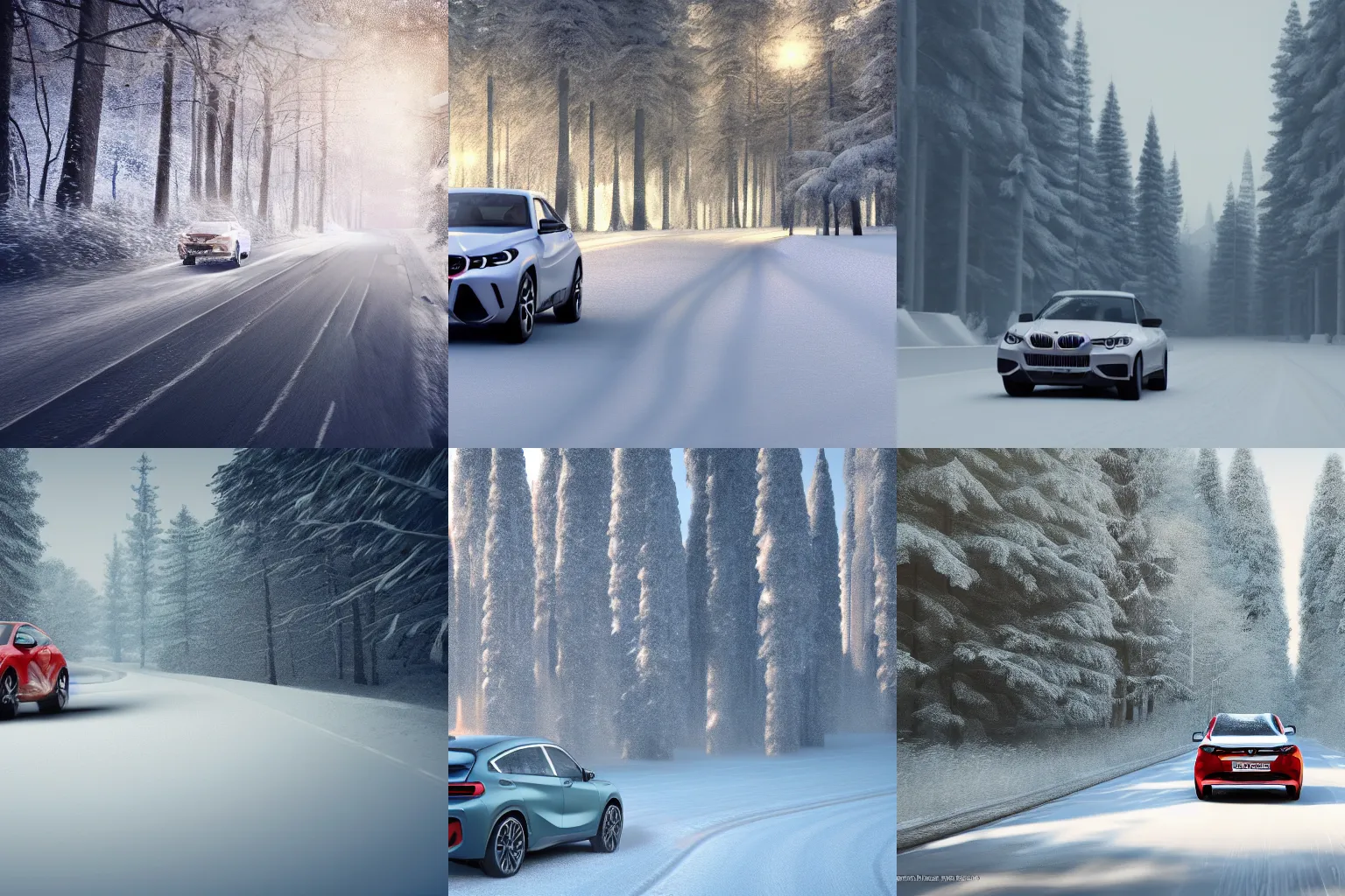 Prompt: a 3d rendering of a car driving on a road through a winter forest with soft morning light and snow falling, Cgtrader, 3d, rendering, animation, bmw, 2020