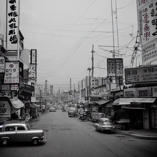 Image similar to 1950s Korean thriller film noir, a view of Shin Sang-ok in the middle of an empty scene, 35mm film, Cooke Varotal 20-100 T3.1