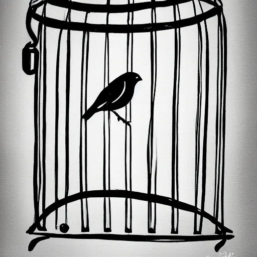 Image similar to a painting of a bird in a cage, black and white