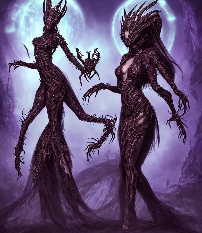 Image similar to character portrait on the enchanting femenine queen of the zerg, hyper attractive, seductive, very complex, hyper-maximalist, overdetailed, legendary cinematic, darkfantasy, archetype with timeless beauty breathtaking eyes, her spider like legs spread evenly around her framing the image, collossal alien ship in the sky behind her, highly intricate, digital art, very elegant, HDR 8K, biblical art, realism, incomprehensible yet perspicious detail, unbeatable quality, silent hill aesthetic, photorealistic, lifelike, DSLR 8k, unbeatable coherency, Omnious intricate, octane render, created Nixeu & z--ed from deviantart