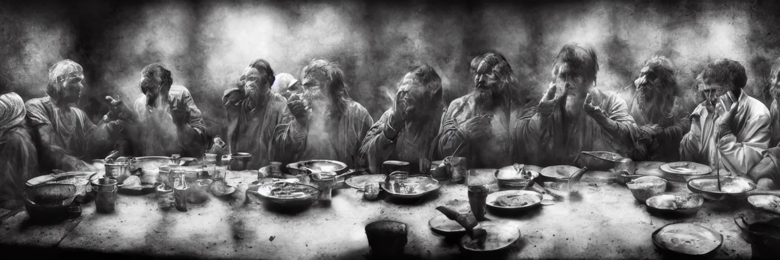 Prompt: Award Winning Editorial 84° wide-angle picture of a Tramps with bowed heads in a Soup Kitchen by David Bailey and Lee Jeffries, called 'The Last Supper', 85mm ND 5, perfect lighting, gelatin silver process