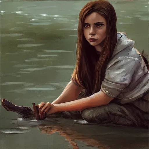 Prompt: slavic girl squats by the river, greg rutkowski