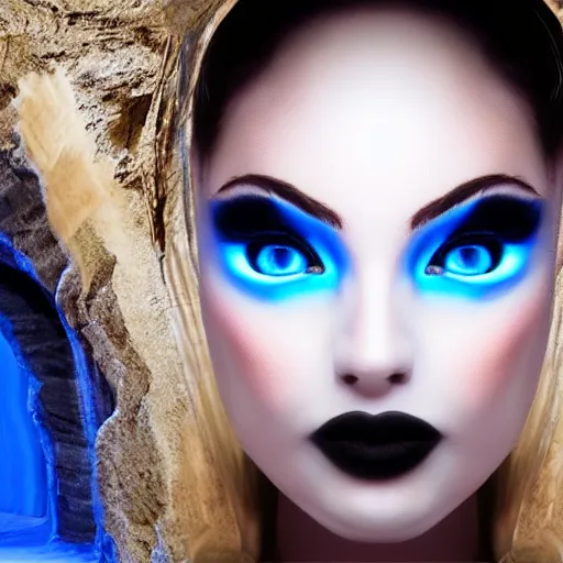 Image similar to seductive divine goddess with bright blue eyes in a dark cave, photo 3 d,