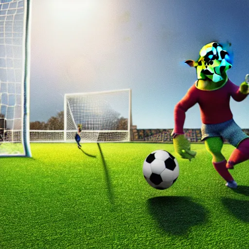 Image similar to shrek playing soccer, highly detailed, extremely high quality, hd, 4 k, 8 k, canon 3 0 0 mm, professional photographer, 4 0 mp, lifelike, top - rated, award winning, realistic, detailed lighting, detailed shadows, sharp, no blur, edited, corrected, trending