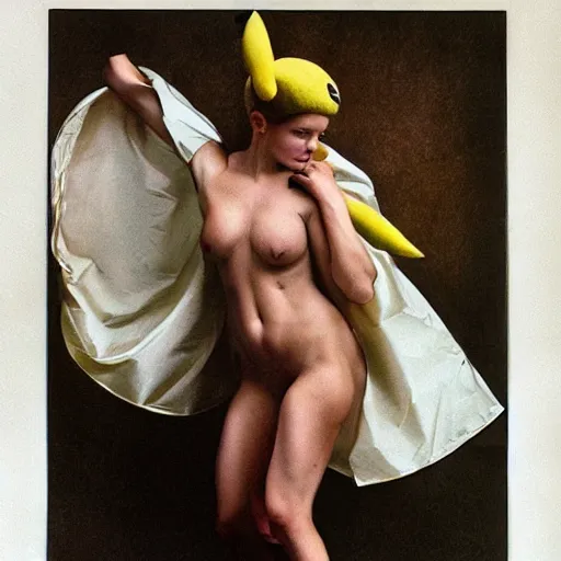 Image similar to elegant muscular woman dressed up as pikachu art photo by Annie Liebovitz and Alphonse Mucha