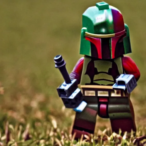 Image similar to Boba Fett made of Legos fighting Darth Vader as a Minecraft Skin in a field, dramatic lighting photo