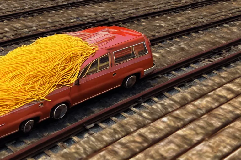 Image similar to HD luxury render of a spaghetti car made of spaghetti on train tracks, product photo, rendered in unreal engine 6, luxury spaghetti car, spaghetti car, car made of pasta, spaghetti, 4k