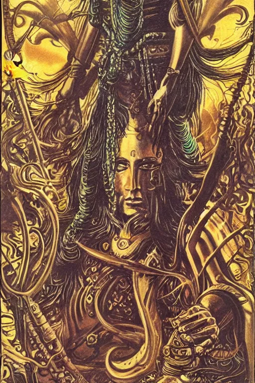 Image similar to Portrait of an shiva with long hair wearing armor with ornate bronze and gold, Art Noveau retro science fiction cover by William Morris and Kelly Freas (1965), vintage 1960 print, tarot card, vivid, highly detailed, cgsociety, artgerm