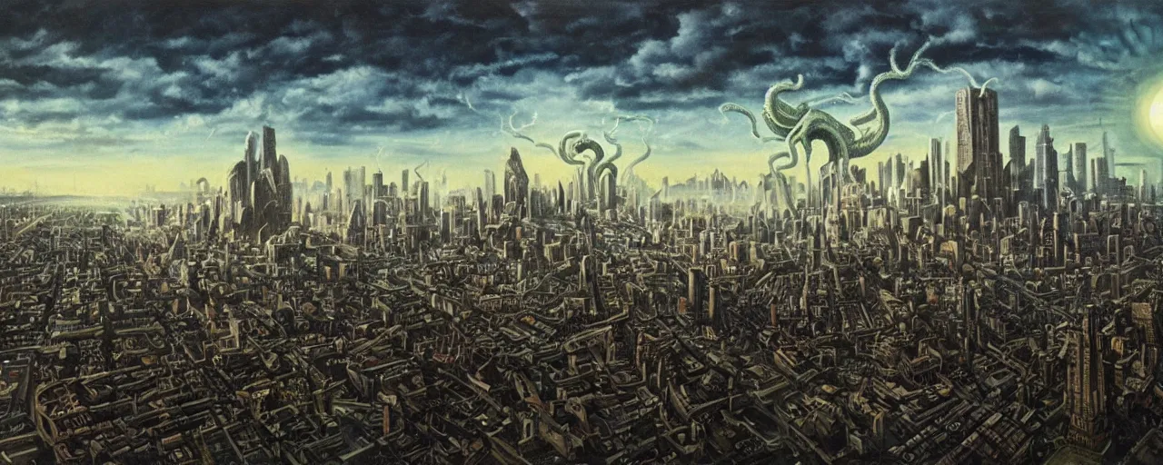 Image similar to Cthulhu rising in the sky above city, Christensen James C