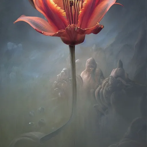 Image similar to a lily | highly detailed oil painting, hyperrealistic, very intrincate | cinematic lighting, award - winning | by rachel ruysch, giger, beksinski and bocklin | by austin osman spare and william blake, trending on artstation, cgsociety, official art, octane.