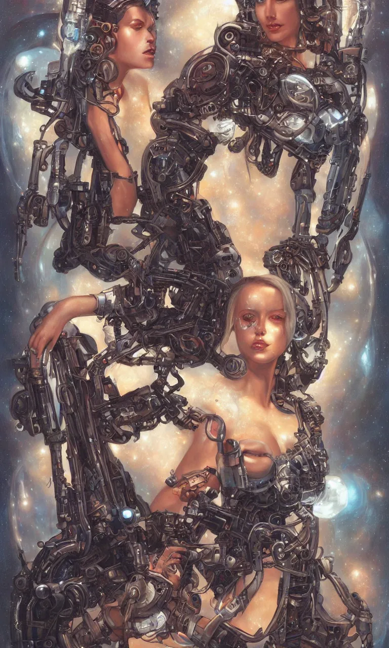 Prompt: the portrait of beautiful retro futuristic cyborg girl 9 0 s style art by tom bagshaw and donato giancola and manuel sanjulian