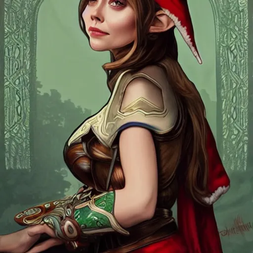 Image similar to Elizabeth Olsen as a elf archer, cute, fantasy, intricate, elegant, highly detailed, centered, digital painting, artstation, concept art, smooth, sharp focus, illustration, art by artgerm and H R Giger and alphonse mucha