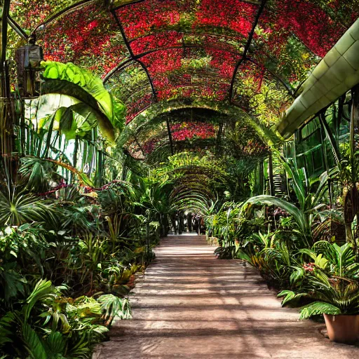 Prompt: a pathway of the tropical greenhouse in steampunk style, in the morning, in blossom, octane, behance hd, bokeh backdrop