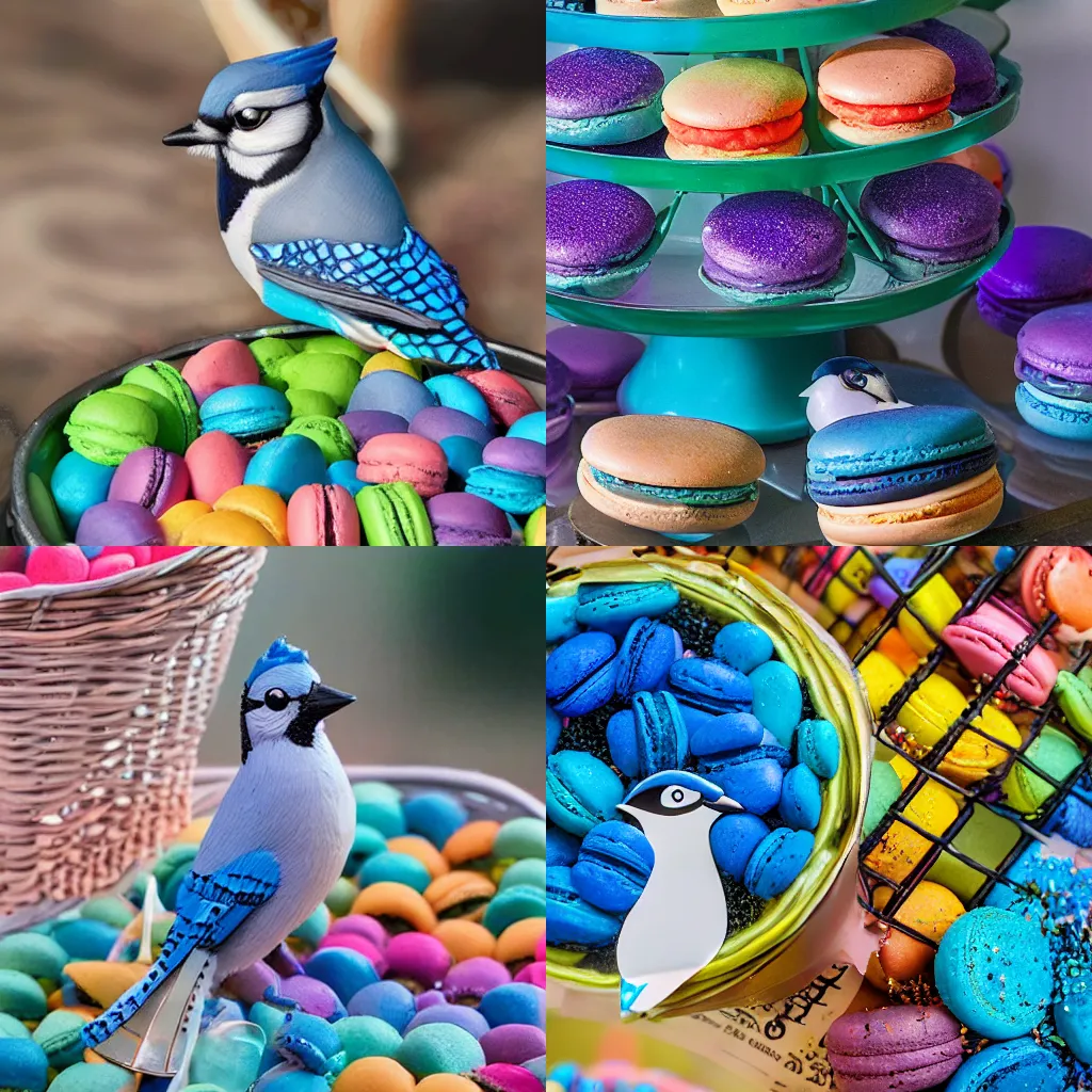 Prompt: A blue jay standing on a large basket of rainbow macarons.