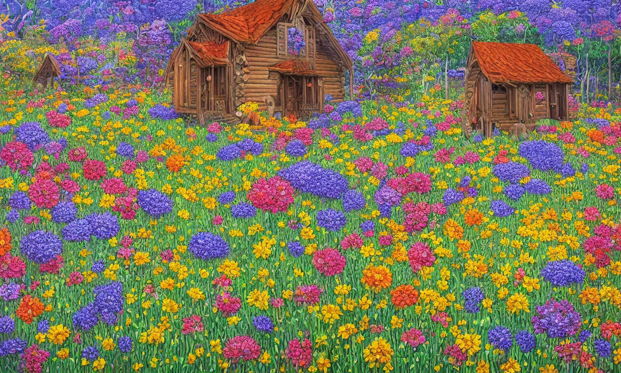 Image similar to a cabin in a mystical field of flowers, oil on canvas, intricate, hd, digital art, complementing colors, detailed, illustration painting by alex gray, digital art, moebius