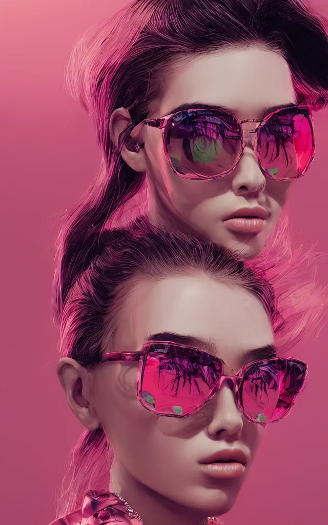 Prompt: 3 d close - up, portrait fashion model in sunglasses, tiger, pink cloudy background, hyper detailed, photo realistic, vouge style photo, artwork by tooth wu and wlop and beeple and greg rutkowski