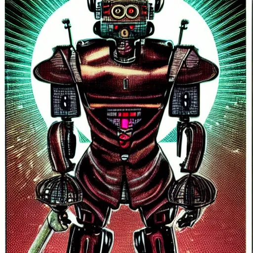 Image similar to detailed color manga illustration of a renaissance Saint as an evil killer robot, cyberpunk, dark, akira