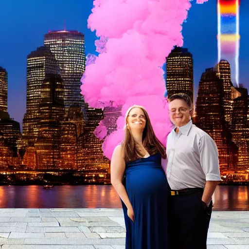 Image similar to a close up of a smiling couple of parents to be, in front of 9 / 1 1 with pink smoke, 1 2 0 mm, clear details, award winning