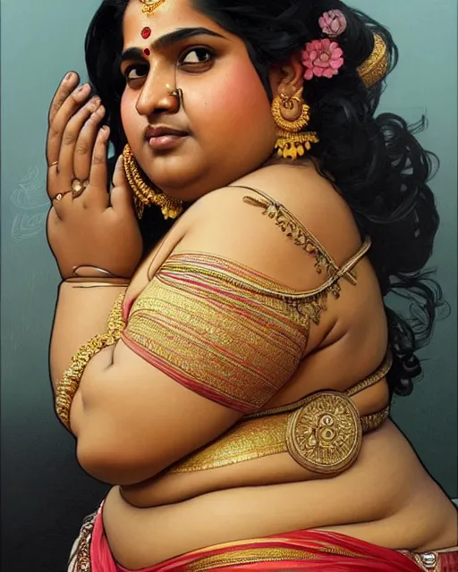 Image similar to Portrait of very very very very obese indian woman, real life skin, intricate, elegant, highly detailed, artstation, concept art, smooth, sharp focus, art by artgerm and greg rutkowski and alphonse mucha