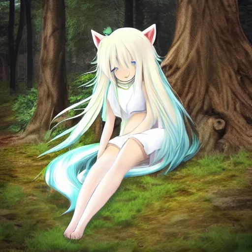 Image similar to a cute white long haired anime foxgirl, in a forest